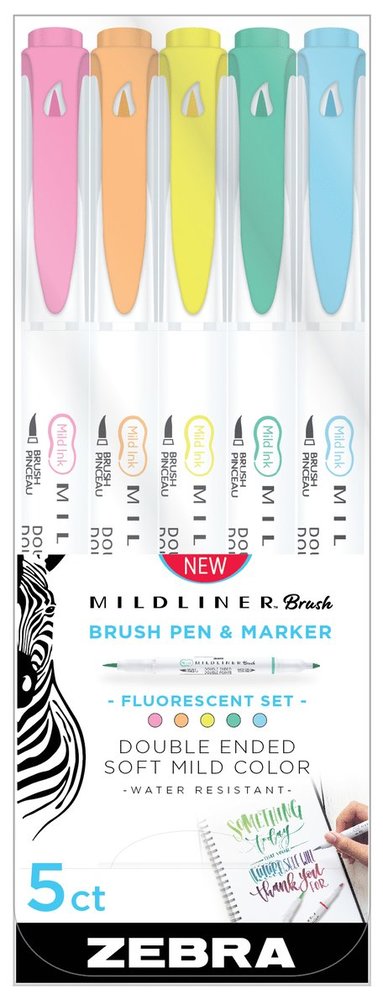 Markerpenna Zebra Mildliner Brush Fluorescent 5 f&auml;rger