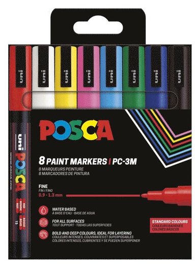 Marker Posca PC-3M 8 basfärger, Övrigt