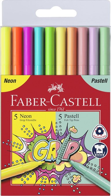 Fiberspetspenna Faber-Castell Grip 10 färger neon/pastell, Övrigt