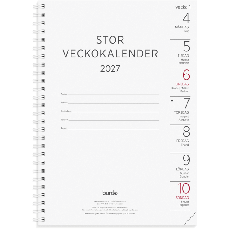 Stor Veckokalender 2027 refill, Övrigt. Tillgänglighet: Lägg i varukorg