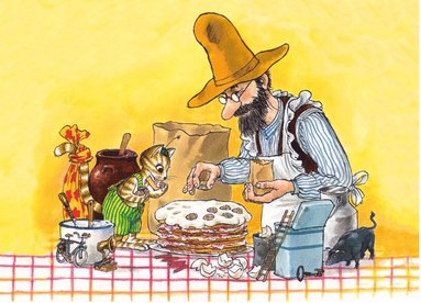 Kort Pettson och Findus gör en pannkakstårta
