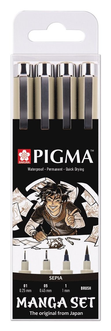 Tuschpenna Pigma Manga 4 f&auml;rger sepia