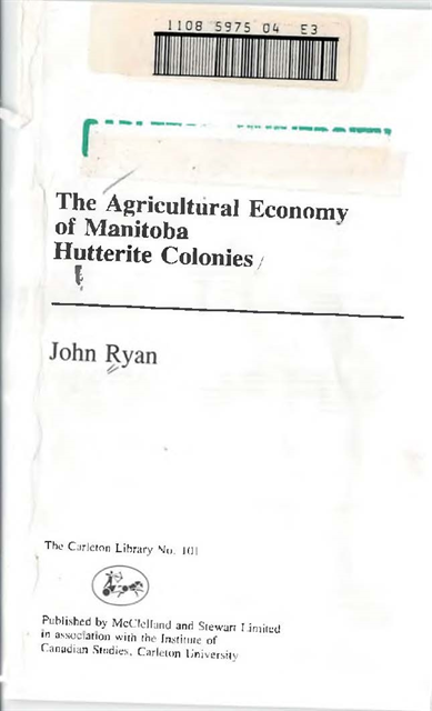 John Ryan - Agricultural Economy of Manitoba Hutterite Colonies, E-bok