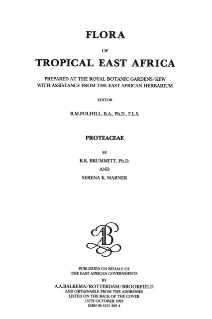 Serena K. Marner, R. K. Brummitt - Flora of Tropical East Africa - Proteaceae (1993), E-bok. Tillgänglighet: Lägg i varukorg