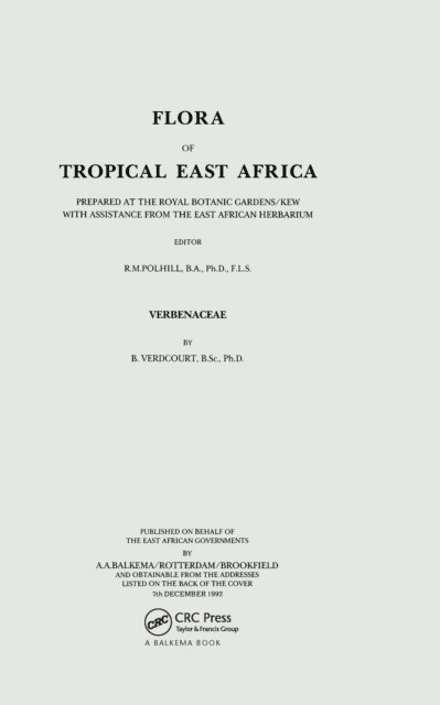 B Verdcourt, R.M. Polhill - Flora of Tropical East Africa - Verbenaceae (1992), E-bok