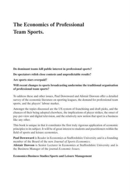 Alistair Dawson, Paul Downward - Economics of Professional Team Sports, E-bok