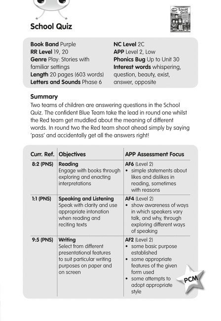 BC JD Plays Purple/2C The School Quiz Guided Reading Card