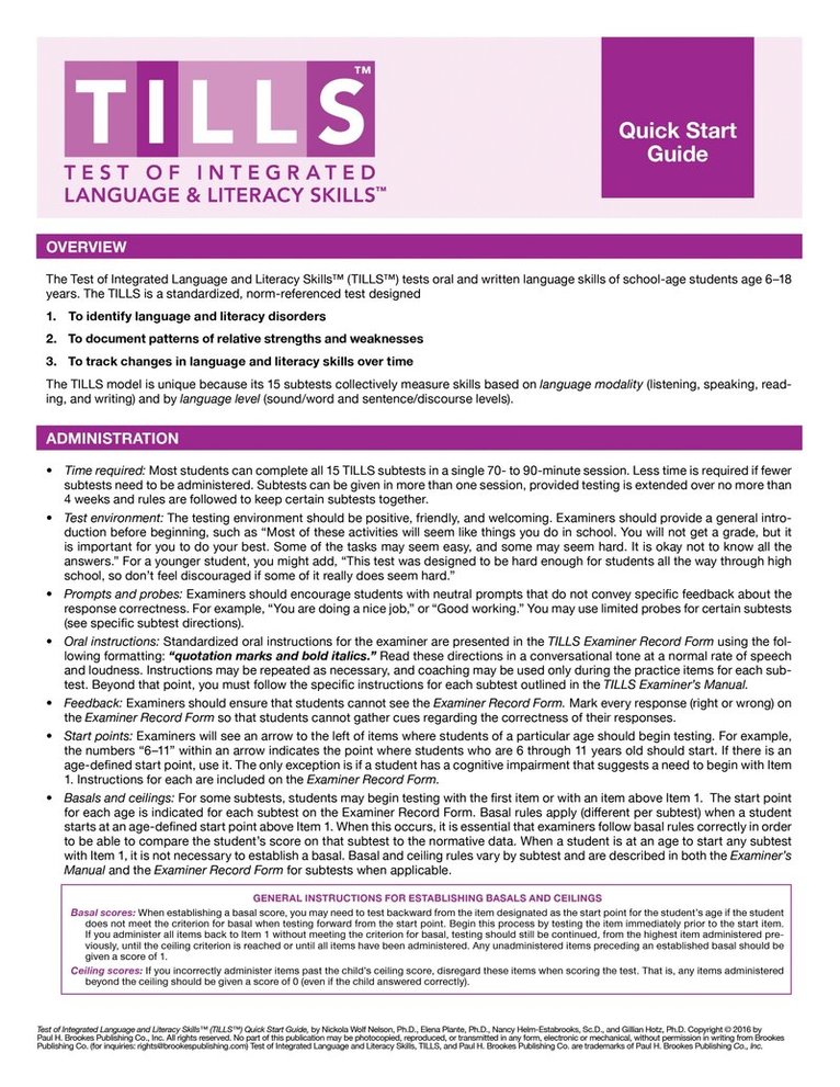 Nickola Nelson, Elena Plante, Nancy Helm-Estabrooks, Gillian Hotz - Test of Integrated Language and Literacy Skills® (TILLS®) Quick Start Guide, Häftad. Tillgänglighet: Lägg i varukorg