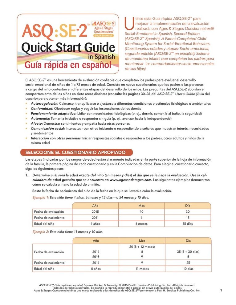 Jane Squires, Diane Bricker, Elizabeth Twombley - Ages & Stages Questionnaires®: Social Emotional (ASQ®:SE-2): Quick Start Guide (Spanish) / Guia Rapida En Espanol, Häftad. Tillgänglighet: Lägg i varukorg