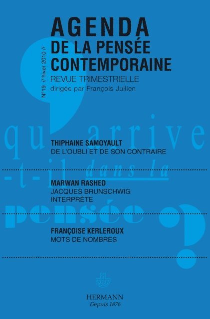 Francois Jullien - Agenda de la Pensée contemporaine, n°19, E-bok