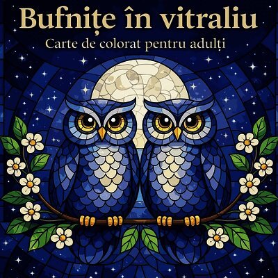 Bufnițe în vitraliu - Carte de colorat pentru adulți