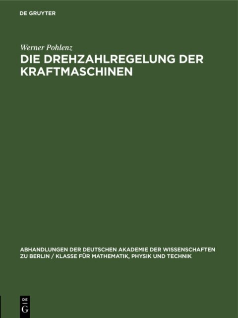 Werner Pohlenz - Die Drehzahlregelung der Kraftmaschinen, E-bok. Tillgänglighet: Lägg i varukorg