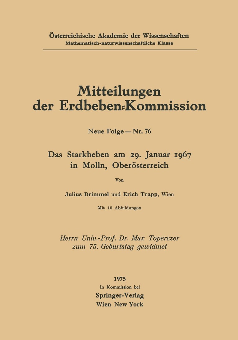 J. Drimmel, E. Trapp - Das Starkbeben am 29. Januar 1967 in Molln, Oberösterreich, Häftad