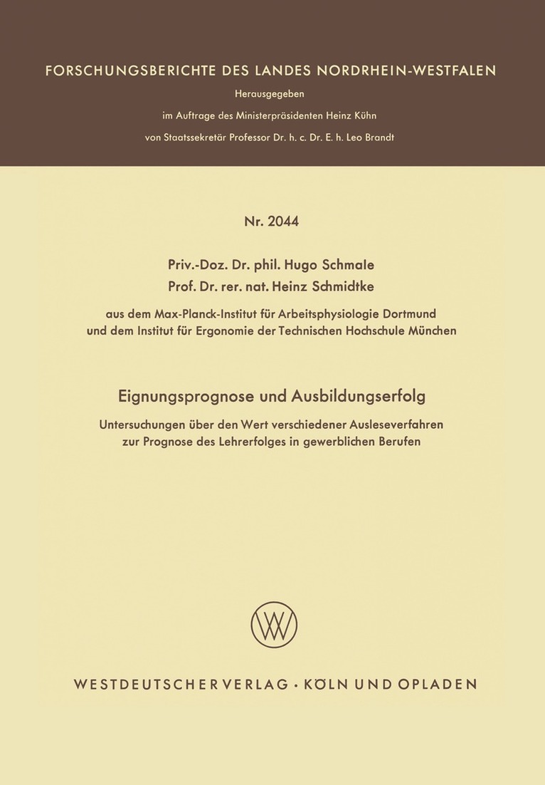 Hugo Schmale - Eignungsprognose und Ausbildungserfolg, Häftad