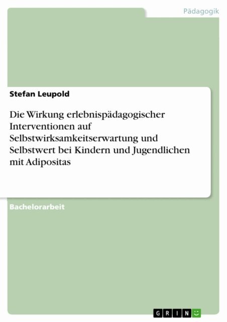 Stefan Leupold - Die Wirkung erlebnispadagogischer Interventionen auf Selbstwirksamkeitserwartung und Selbstwert bei Kindern und Jugendlichen mit Adipositas, E-bok
