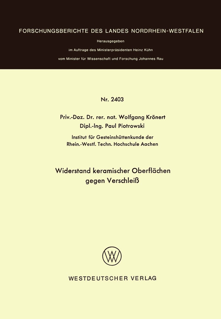 Wolfgang Krönert - Widerstand keramischer Oberflächen gegen Verschleiß, Häftad