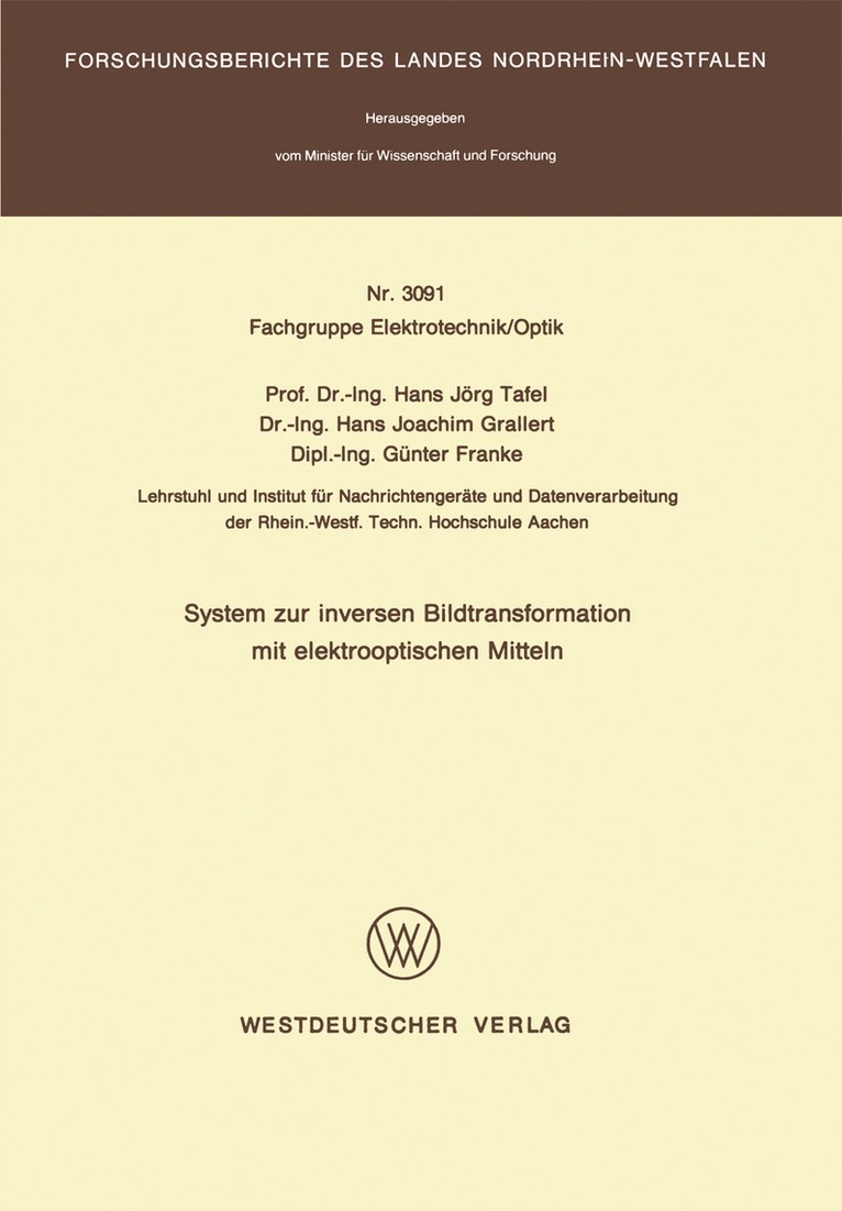 Hans Jörg Tafel - System zur inversen Bildtransformation mit elektrooptischen Mitteln, Häftad