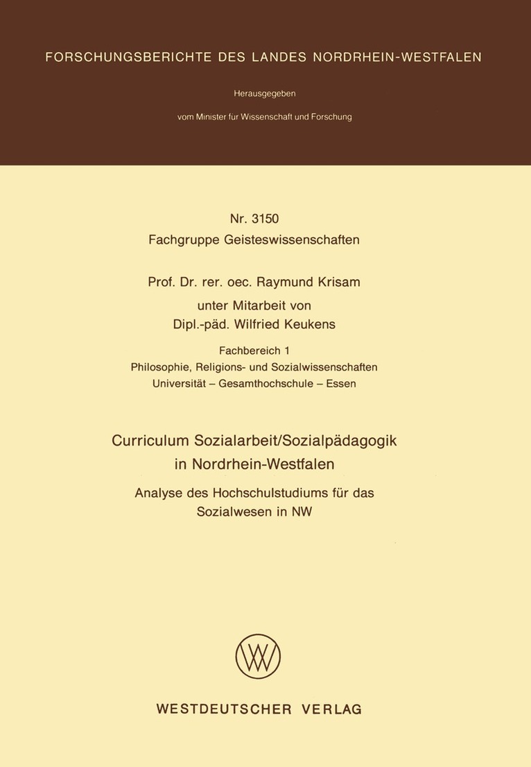 Raymund Krisam - Curriculum Sozialarbeit/Sozialpädagogik in Nordrhein-Westfalen, Häftad