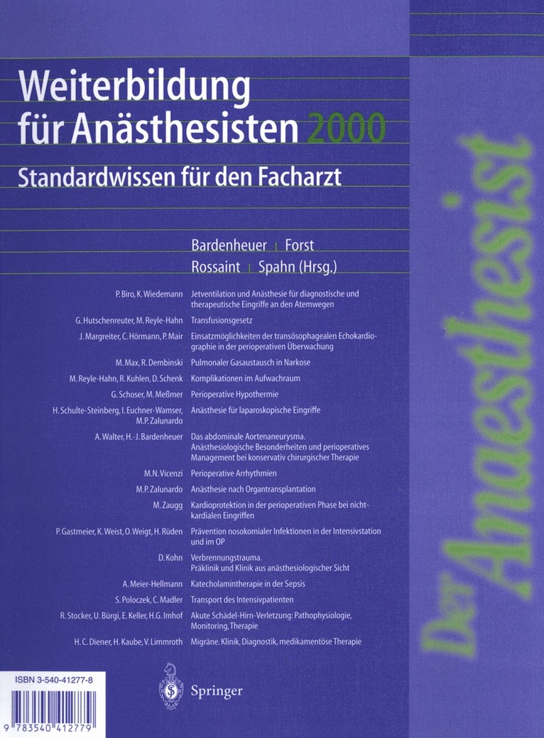H.J. Bardenheuer, H. Forst, R. Rossaint, D.R. Spahn - Weiterbildung für Anästhesisten 2000, Häftad