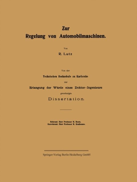 Reinhold Lutz - Zur Regelung von Automobilmaschinen, E-bok