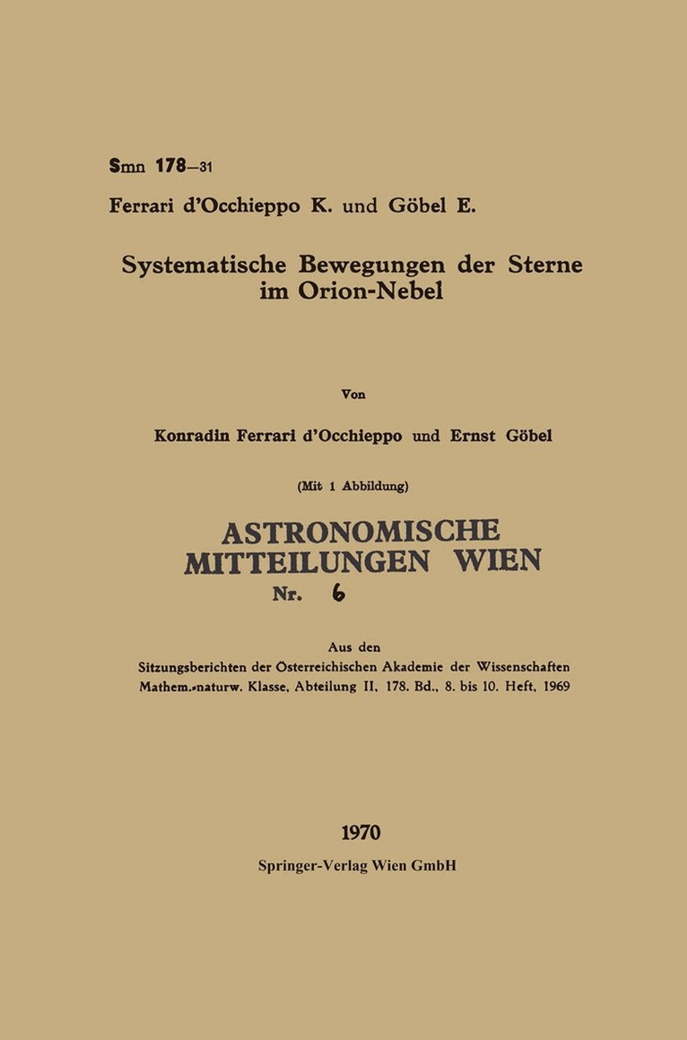 Konradin Ferrari D’Occhieppo, Ernst Göbel - Systematische Bewegungen der Sterne im Orion-Nebel, Häftad. Tillgänglighet: Lägg i varukorg