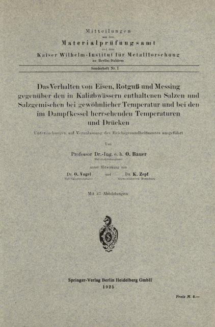 K. Zepf, Otto Vogel, Oswald Bauer - Das Verhalten von Eisen, Rotguß und Messing gegenüber den in Kaliabwässern enthaltenen Salzen und Salzgemischen bei gewöhnlicher Temperatur und bei den im Dampfkessel herrschenden Temperaturen und Drücken, E-bok