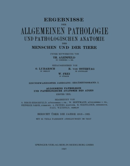Paul Watzold, R. Seefelder, A. Peters, Heinrich Jakob, W. Hoffmann, Arthur Birch-Hirschfeld, Th. Axenfeld - Ergebnisse der Allgemeinen Pathologie und Pathologischen Anatomie des Menschen und der Tiere, E-bok