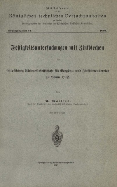 U. Martens - Festigkeitsuntersuchungen mit Zinkblechen der schlesischen Aktien-Gesellschaft für Bergbau und Zinkhüttenbetrieb zu Lipine D.-S., E-bok