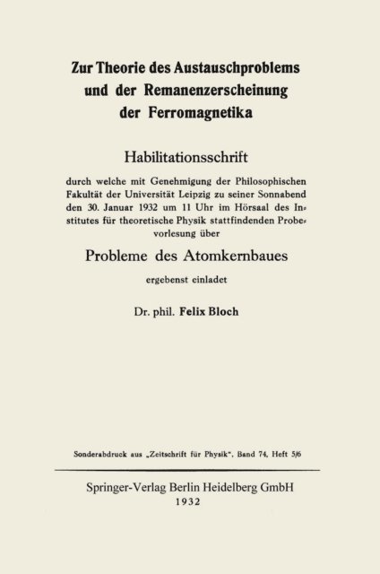 Felix Bloch - Zur Theorie des Austauschproblems und der Remanenzerscheinung der Ferromagnetika, E-bok