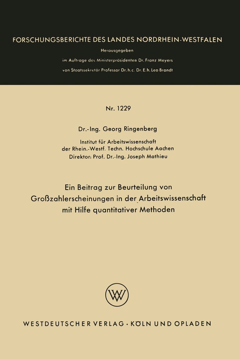 Georg Ringenberg - Ein Beitrag zur Beurteilung von Großzahlerscheinungen in der Arbeitswissenschaft mit Hilfe quantitativer Methoden, Häftad