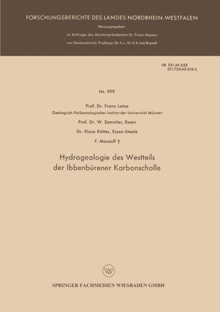 F. Mausolf, Klaus Kotter, W. Semmler, Franz Lotze - Hydrogeologie des Westteils der Ibbenbürener Karbonscholle, E-bok