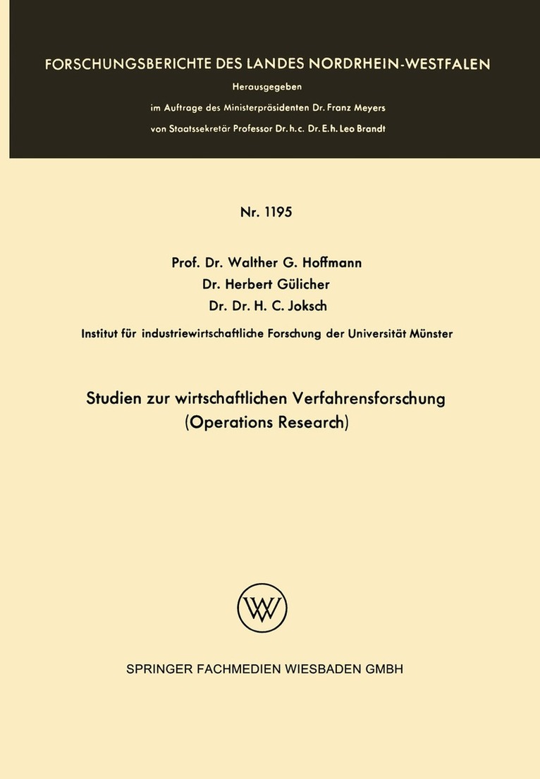 Herbert Gülicher, Walther Hoffmann - Studien zur wirtschaftlichen Verfahrensforschung (Operations Research), Häftad