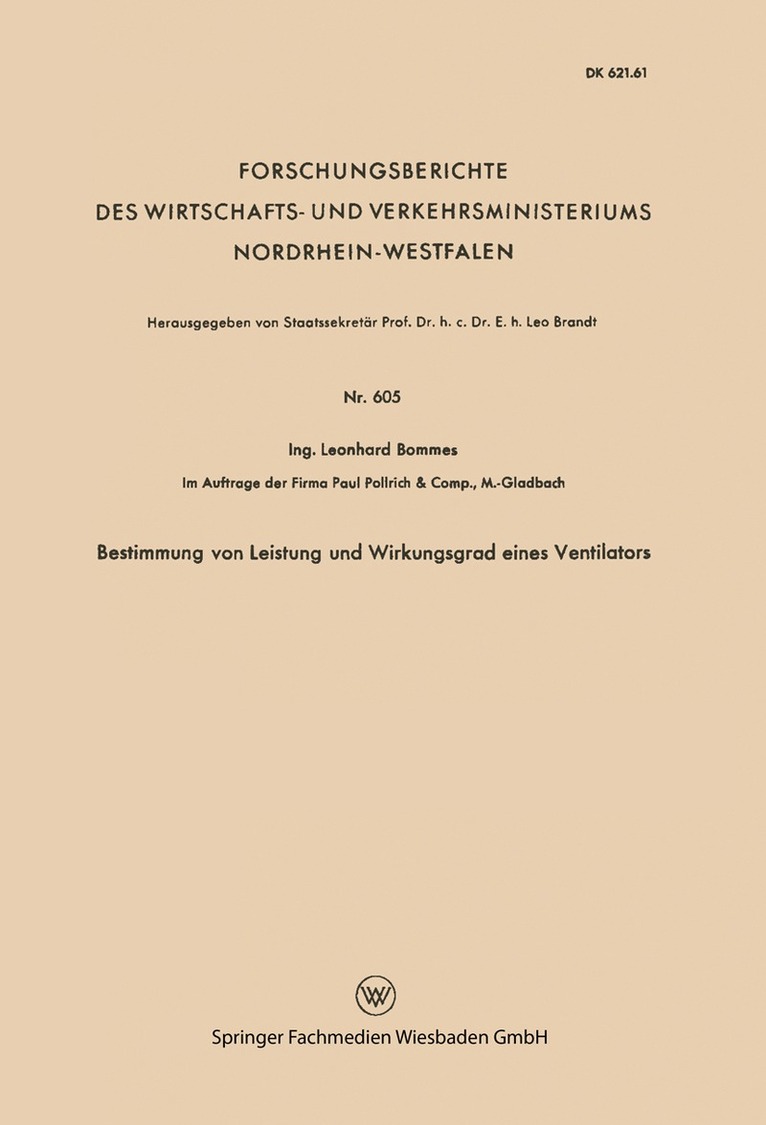 Leonhard Bommes - Bestimmung von Leistung und Wirkungsgrad eines Ventilators, Häftad