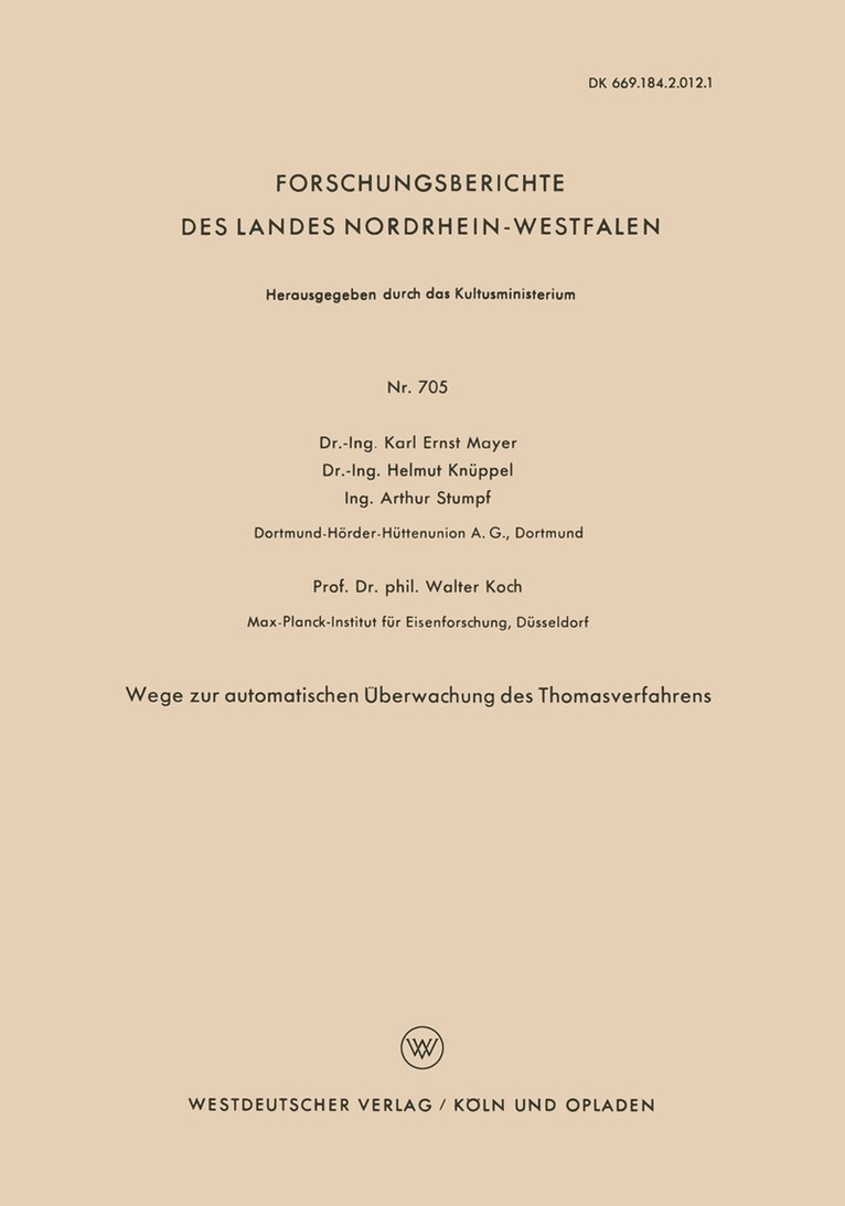 Karl Ernst Mayer, Helmut Knüppel, Arthur Stumpf - Wege zur automatischen Überwachung des Thomasverfahrens, Häftad