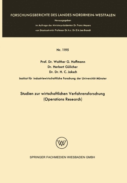 Walther Hoffmann, Herbert Gulicher - Studien zur wirtschaftlichen Verfahrensforschung (Operations Research), E-bok