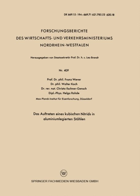 Helga Rohde, Walter Koch, Franz Wever - Das Auftreten eines kubischen Nitrids in aluminiumlegierten Stählen, E-bok