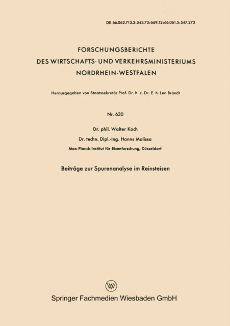 Walter Koch - Beiträge zur Spurenanalyse im Reinsteisen, E-bok