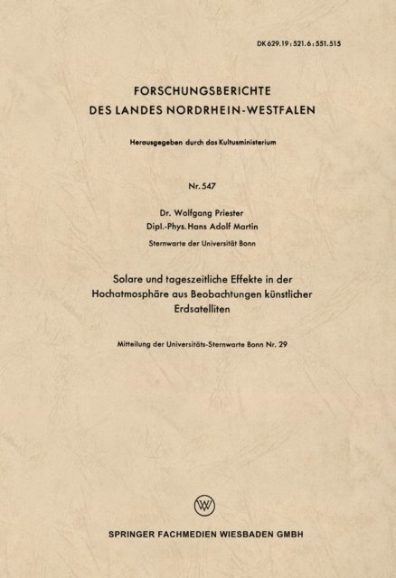 Wolfgang Priester - Solare und tageszeitliche Effekte in der Hochatmosphäre aus Beobachtungen künstlicher Erdsatelliten, E-bok