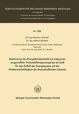 Hermann Wenzel - Bestimmung Des Energiekostenanteils Am Listenpreis Ausgewählter Walzstahlfertigerzeugnisse ALS Maß Für Den Einfluß Der Energiepreise Auf Die Wettbewer, Häftad
