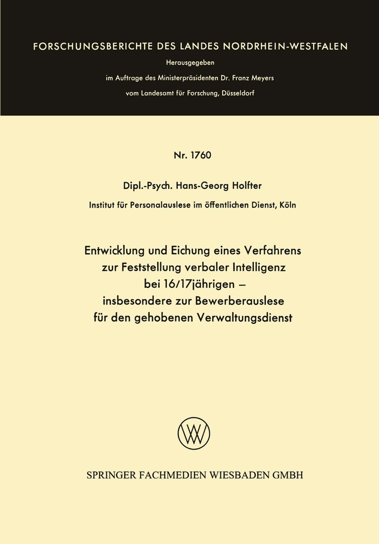 Hans-Georg Holfter - Entwicklung und Eichung eines Verfahrens zur Feststellung verbaler Intelligenz bei 16/17jährigen, Häftad