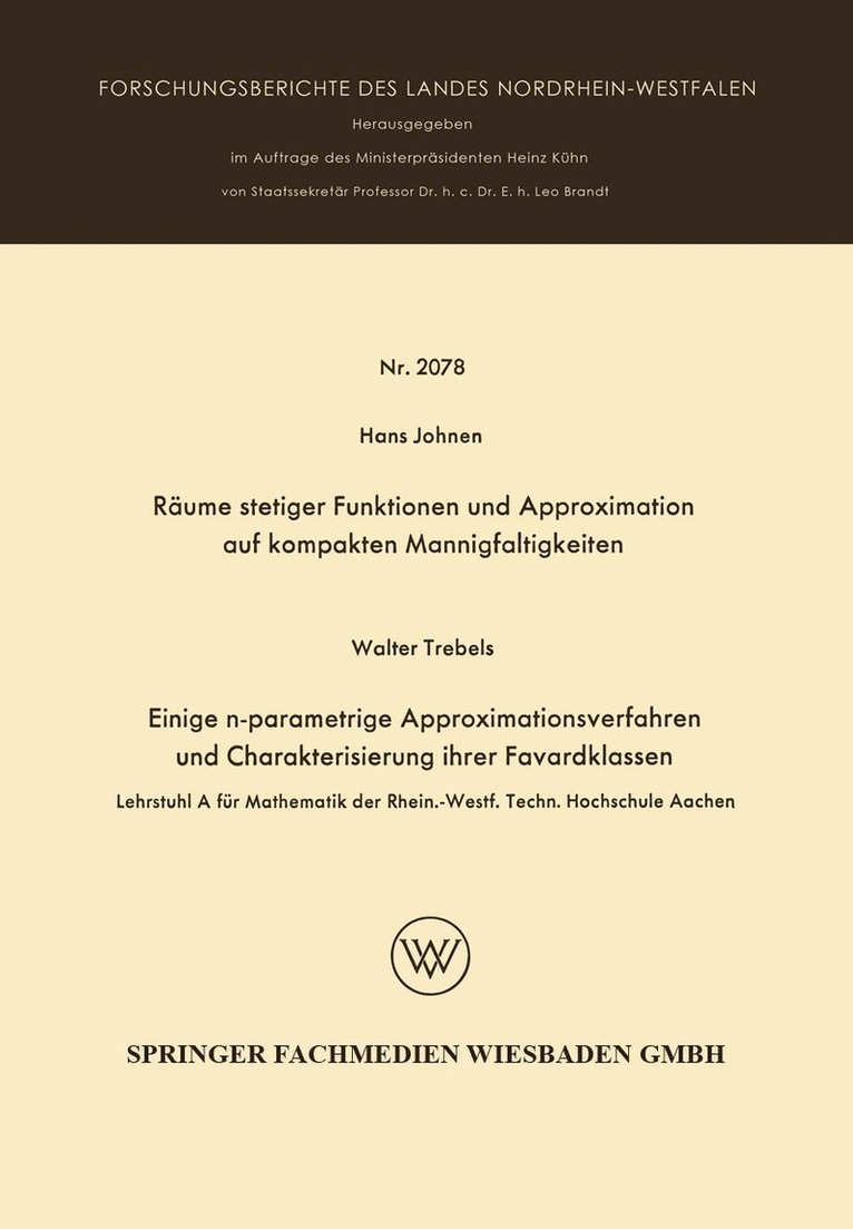 Hans Johnen - Räume stetiger Funktionen und Approximation auf kompakten Mannigfaltigkeiten, Häftad