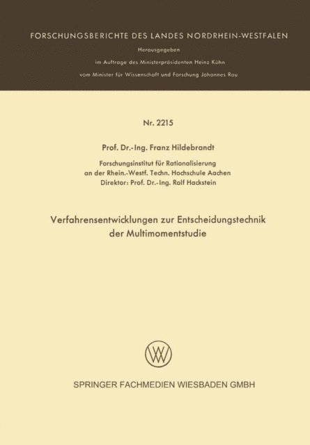 Franz Hildebrandt - Verfarensentwicklungen zur Entscheidungstechnik der Multimomentstudie, E-bok
