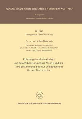 Volker Rossbach - Polymergebundene Aldehyd- Und Ketocarbonylgruppen in Nylon 6 Und 6, 6 -- Ihre Bestimmung, Struktur Und Bedeutung Für Den Thermoabbau, Häftad