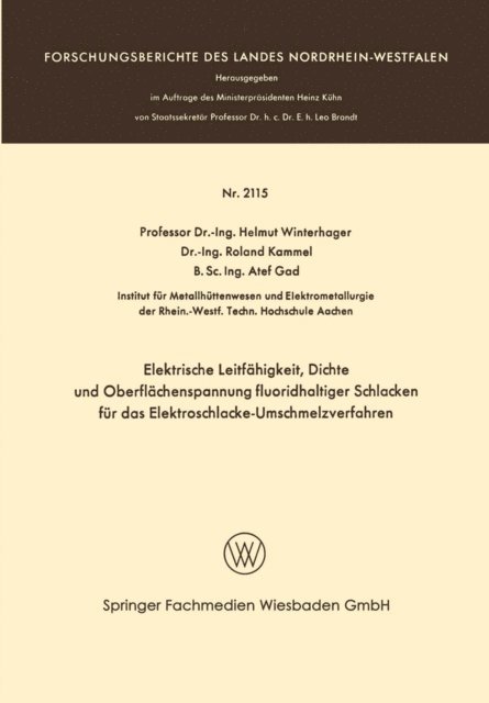Helmut Winterhager - Elektrische Leitfähigkeit, Dichte und Oberflächenspannung fluoridhaltiger Schlakken für das Elektroschlacke-Umschmelzverfahren, E-bok