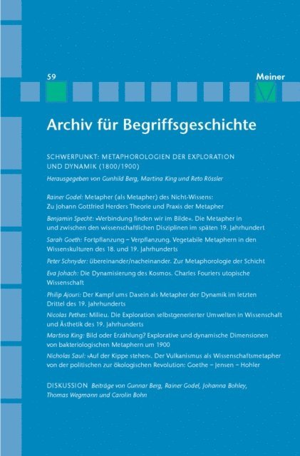 Reto Rossler, Martina King, Gunhild Berg - Archiv für Begriffsgeschichte. Band 59: Metaphorologien der Exploration und Dynamik (1800/1900), E-bok
