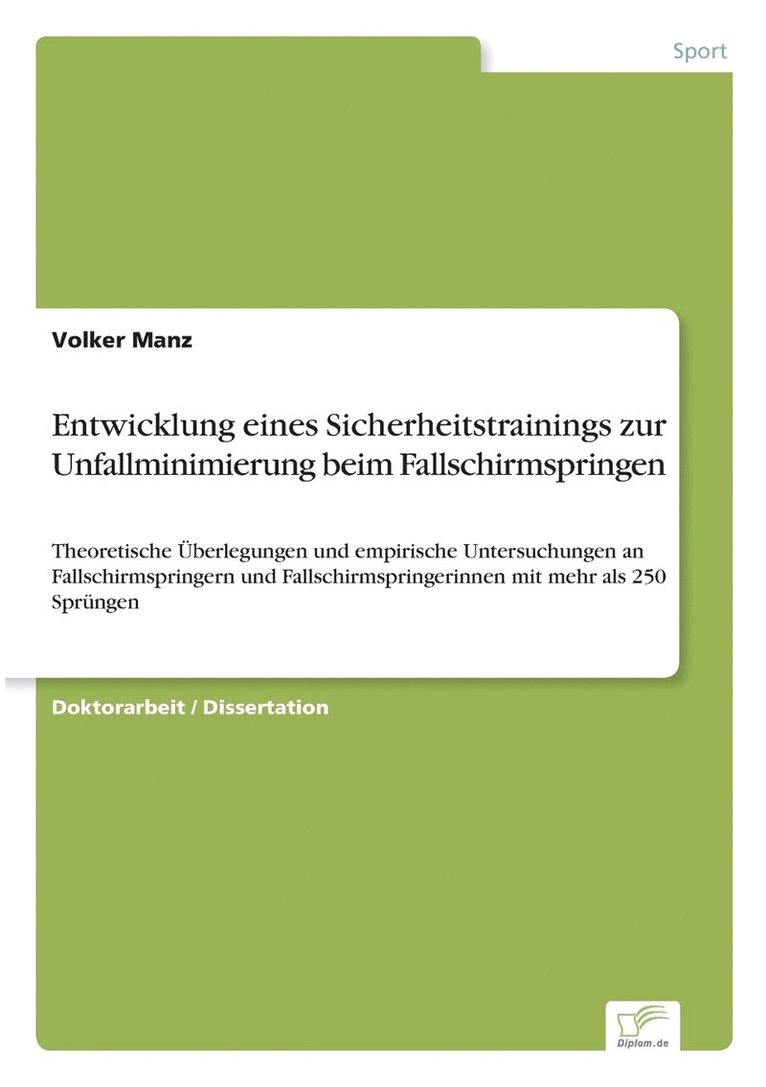 Volker Manz - Entwicklung eines Sicherheitstrainings zur Unfallminimierung beim Fallschirmspringen, Häftad. Tillgänglighet: Lägg i varukorg