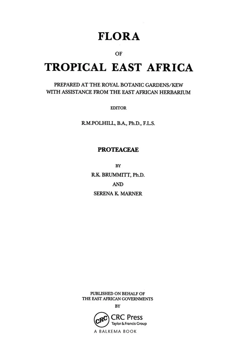 R. K. Brummitt, Serena K. Marner - Flora of Tropical East Africa - Proteaceae (1993), Inbunden. Tillgänglighet: Tillfälligt slut