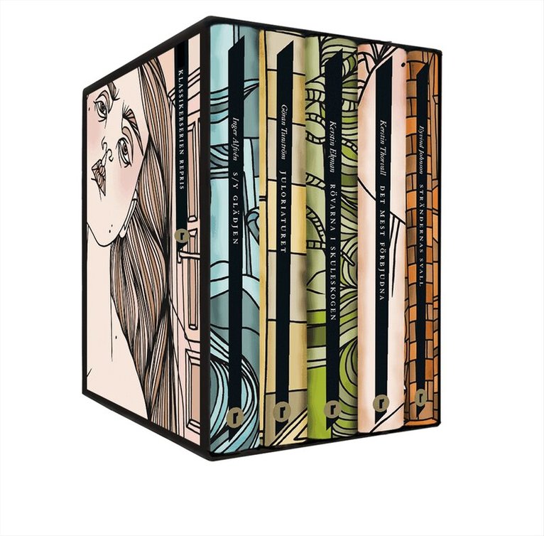 Inger Alfvén, Kerstin Thorvall, Göran Tunström, Kerstin Ekman, Eyvind Johnson - Moderna svenska klassiker (box). S/Y Glädjen ; Rövarna i Skuleskogen ; Strändernas svall ; Det mest förbjudna ; Juloratoriet, Kartonnage