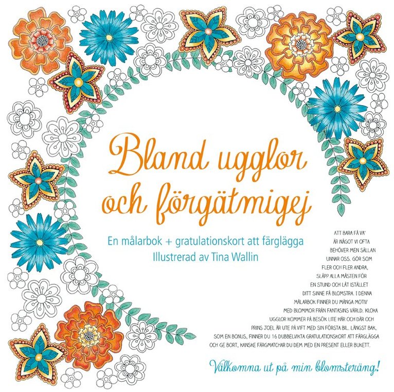 Bland ugglor och förgätmigej : en målarbok + gratulationskort att färglägga, Inbunden