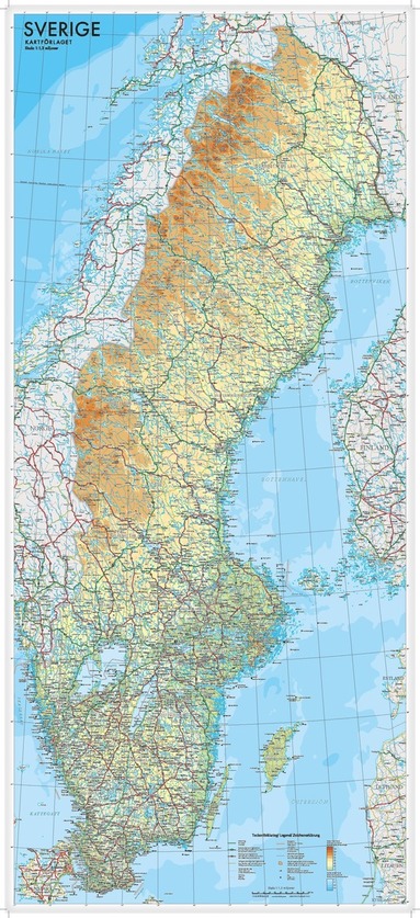 Sverige väggkarta Kartförlaget 1:1,3 milj miljö i papptub